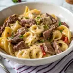 Quick Philly Cheesesteak Tortellini Pasta - easy high protein recipe