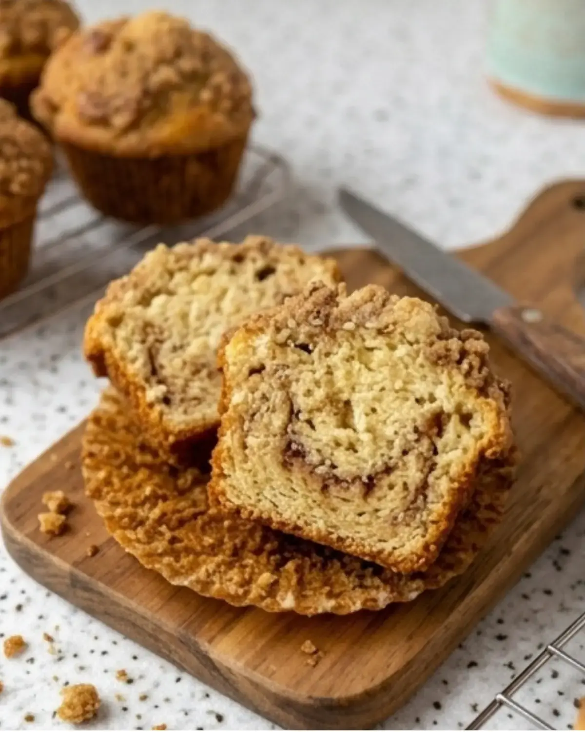 Cinnamon streusel muffin cut in half showing the moist crumb and cinnamon swirl