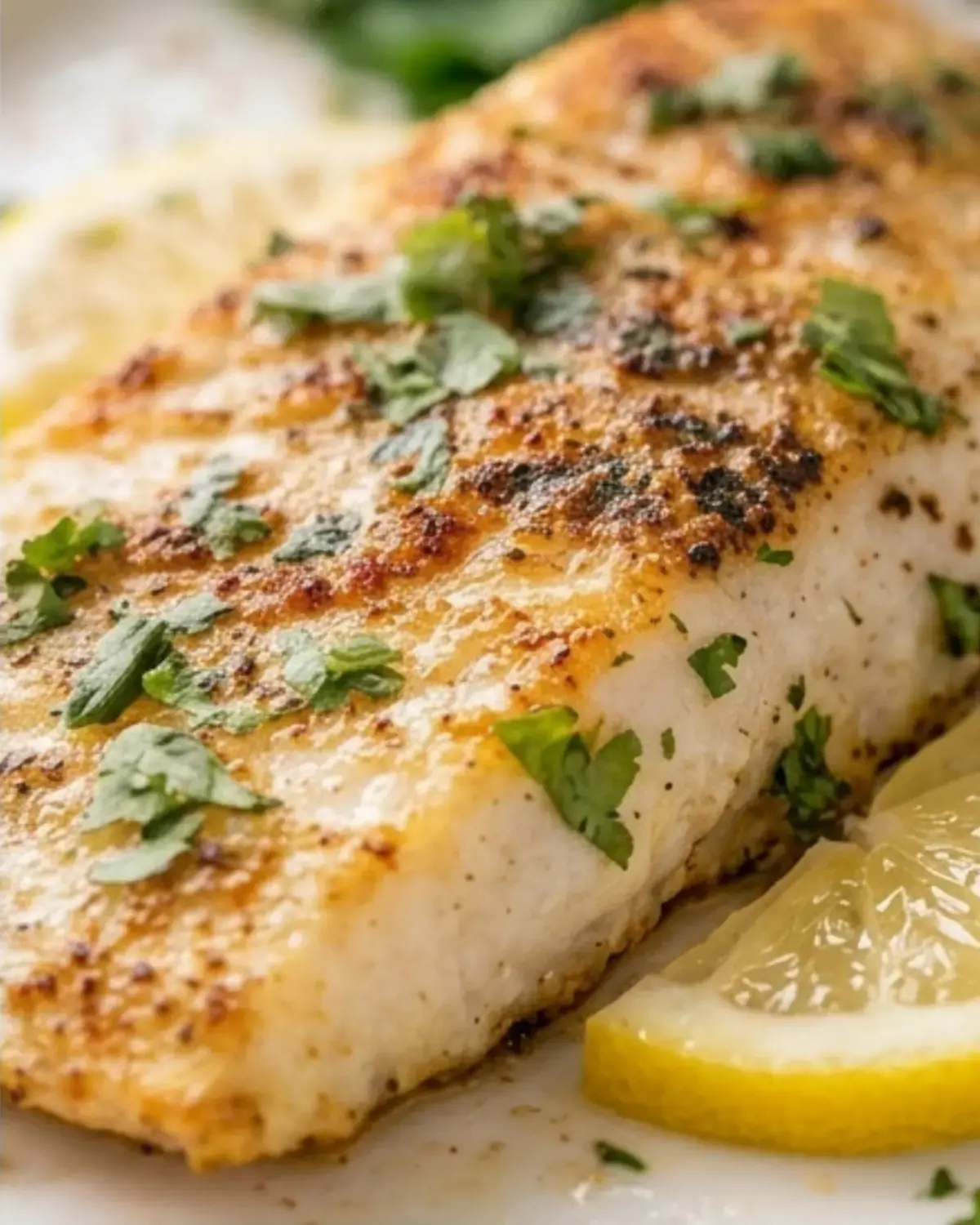 Close-up of a seasoned baked mahi mahi fillet topped with fresh parsley on lemon slices