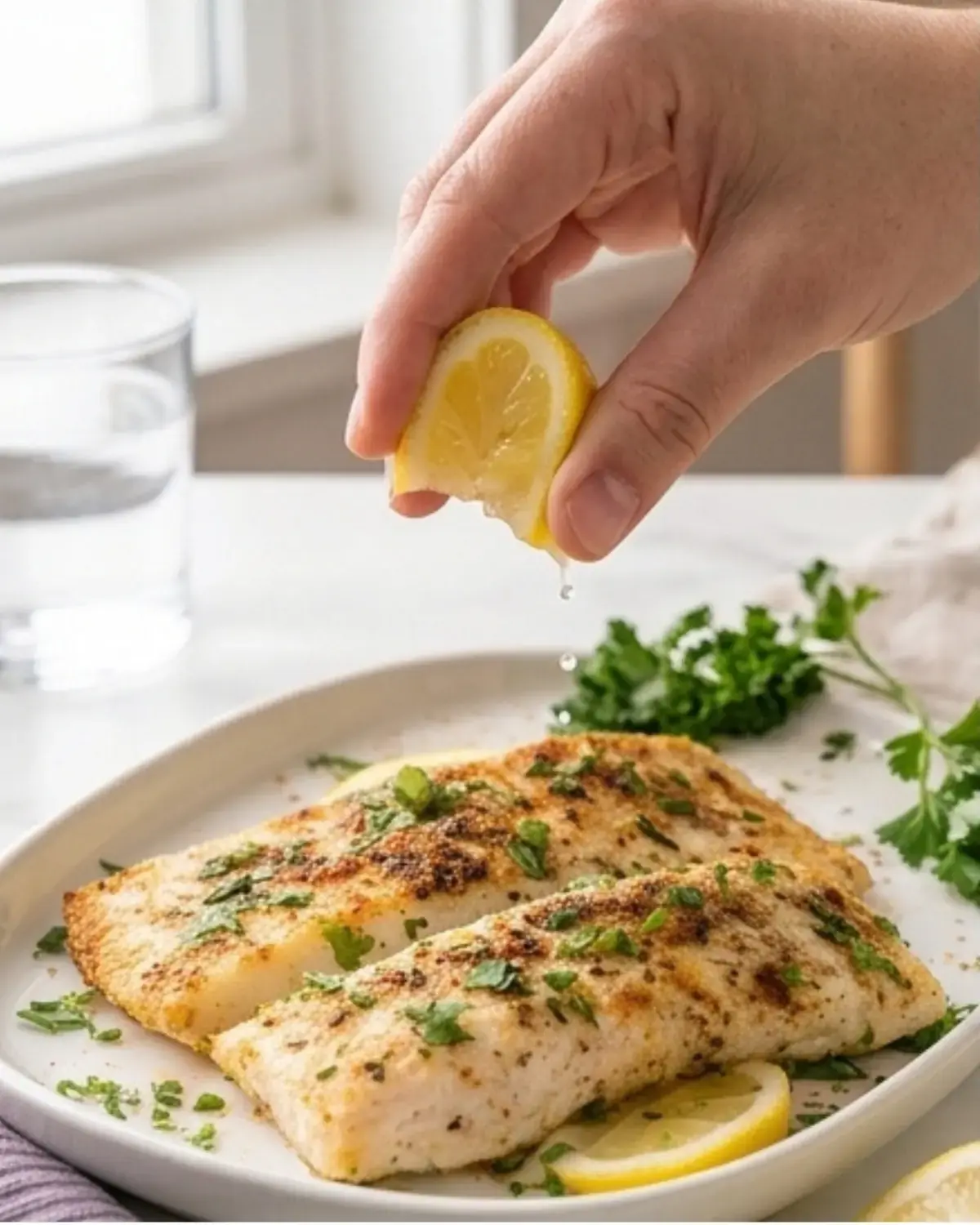 Hand squeezing fresh lemon over a baked mahi mahi fillet with parsley
