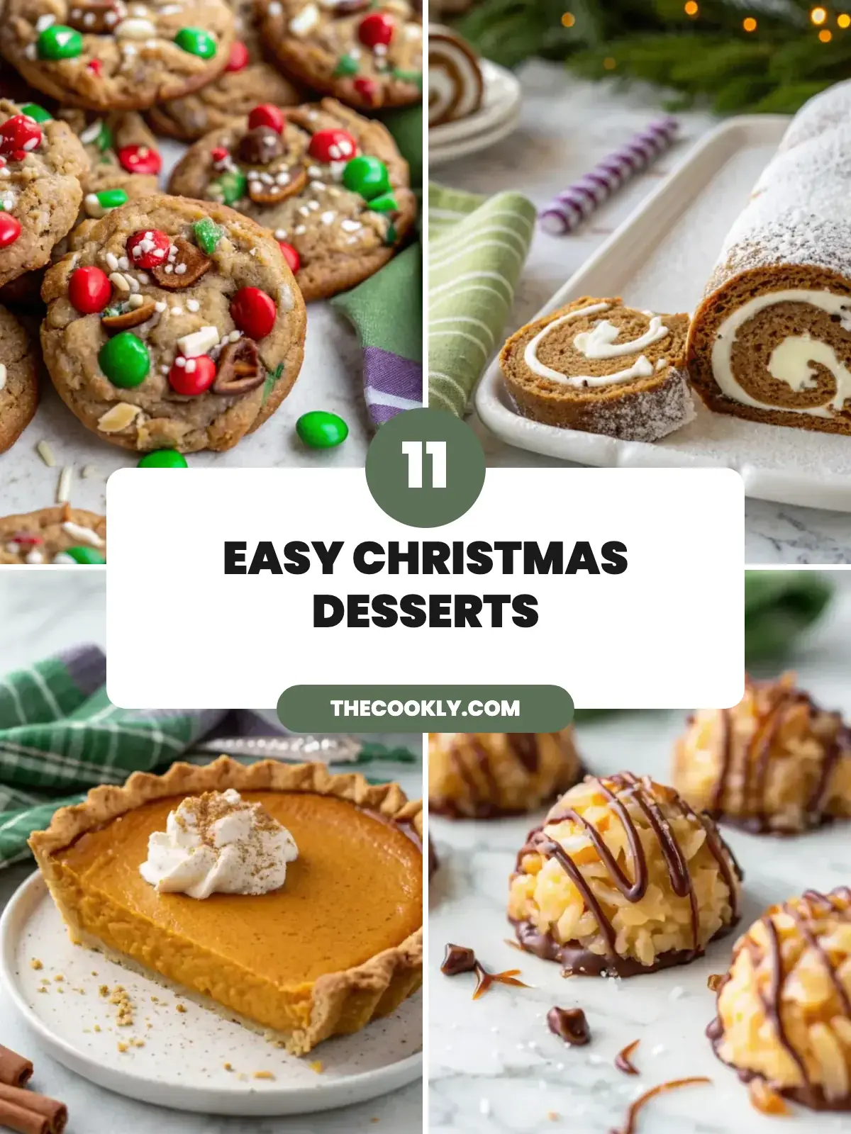 Collage of 11 christmas dessert recipes: kitchen sink cookies, gingerbread swiss roll, pumpkin pie and salted caramel coconut macaroons