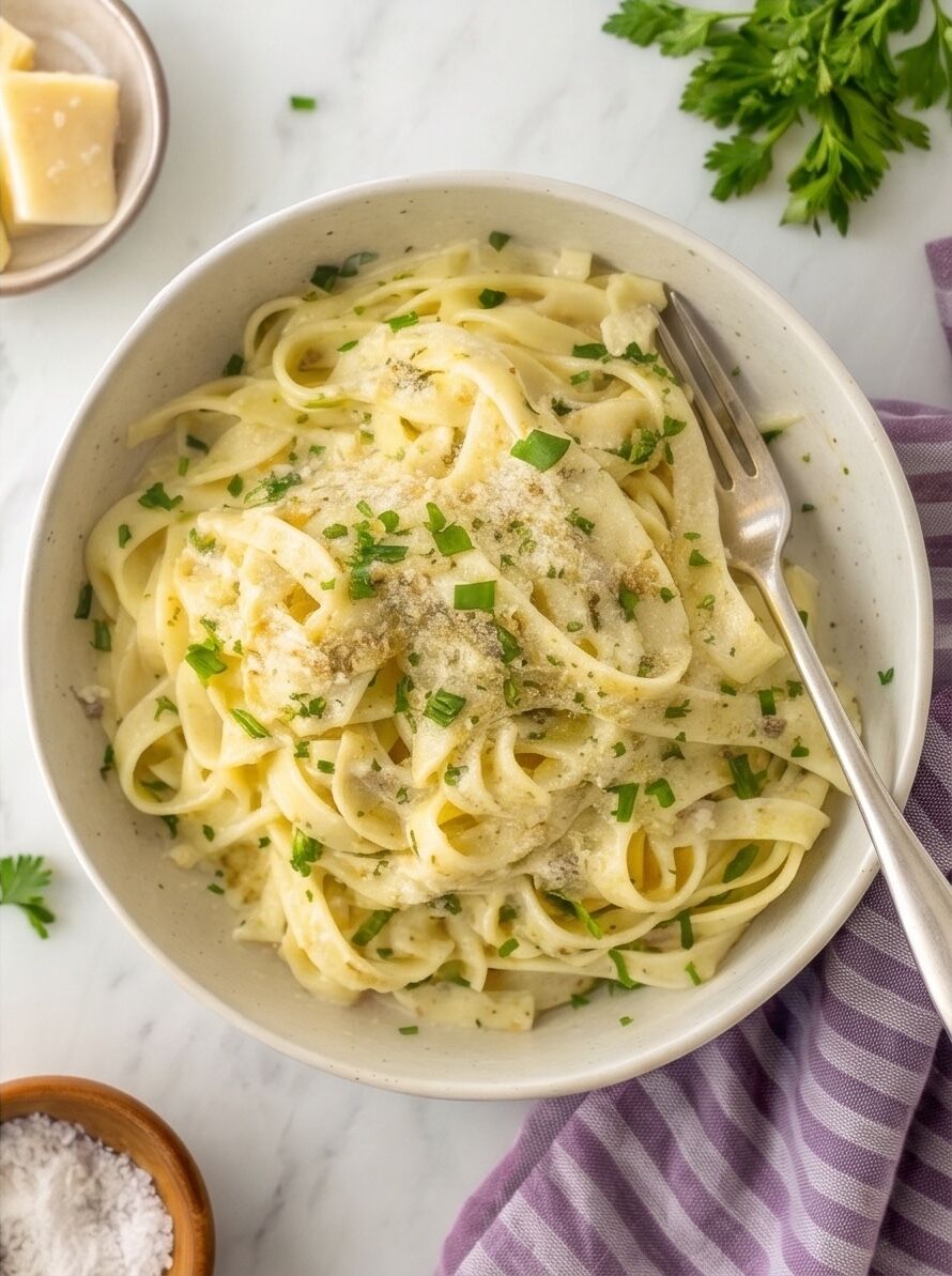 Close top-down shot of glossy pale fettuccine sprinkled with fresh chopped greens and a fork resting in the bowl