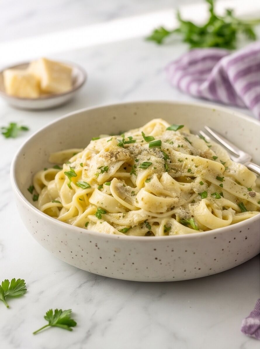 Side view of a speckled bowl heaped with sauced fettuccine and green herbs on a white marble counter
