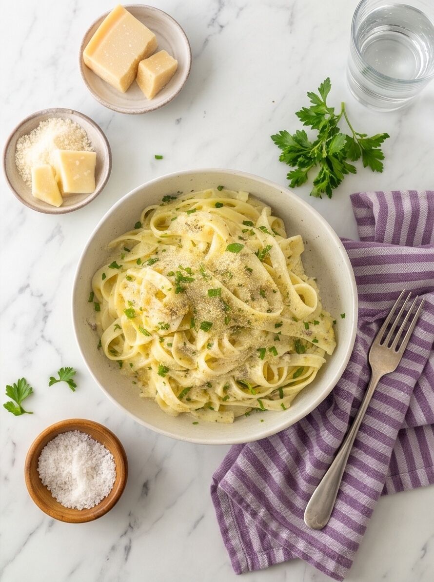 Overhead view of a bowl of saucy fettuccine with herbs, beside cheese chunks, salt, a water glass and a purple striped towel