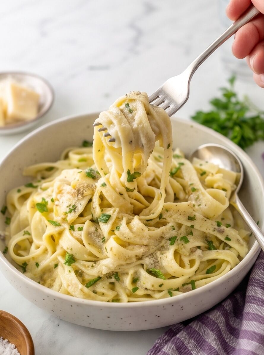 Fork lifting ribbons of creamy fettuccine from a speckled bowl, with chopped parsley and a small dish of cheese nearby