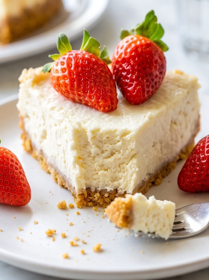 Close-up of a cheesecake slice with a fork bite taken, crumbs and ripe strawberries scattered on a white plate