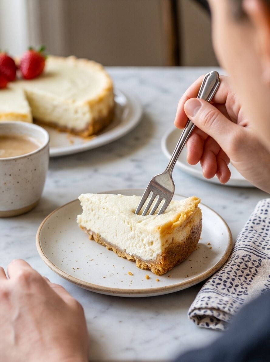 Person holding a fork over a cheesecake slice on a rimmed plate, with a coffee cup and the whole cake behind