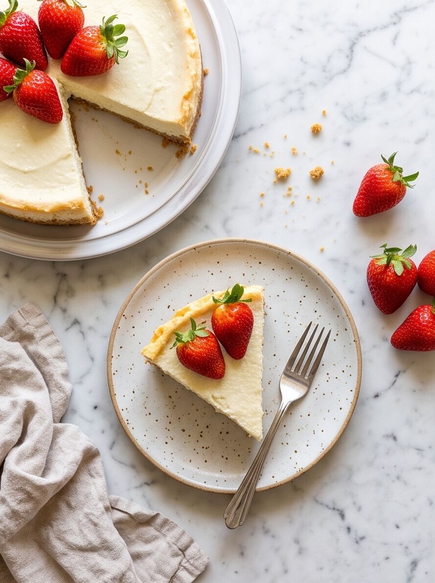 Cheesecake slice topped with two strawberries on a speckled plate beside the whole cake on a marble counter