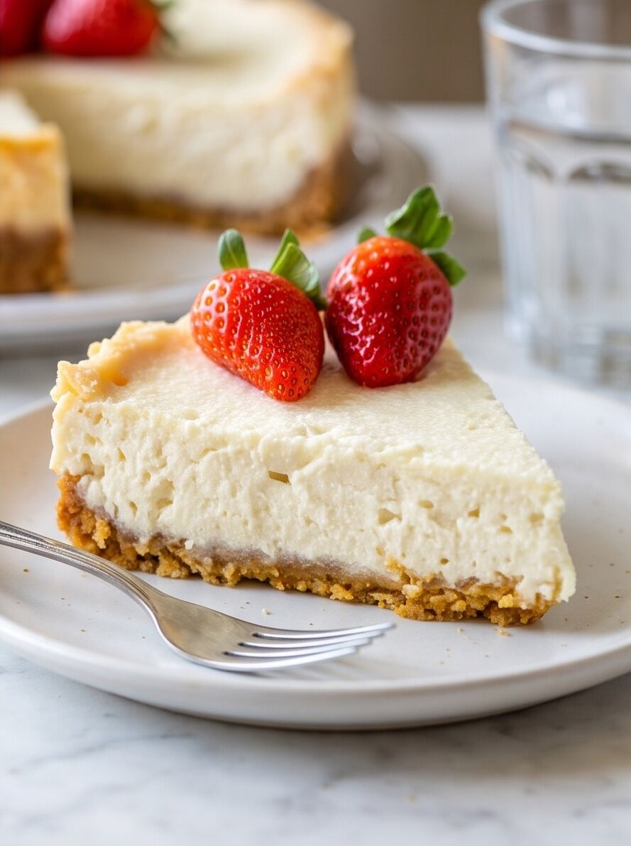 Side view of a smooth cheesecake wedge with graham cracker crust and two strawberries beside a water glass