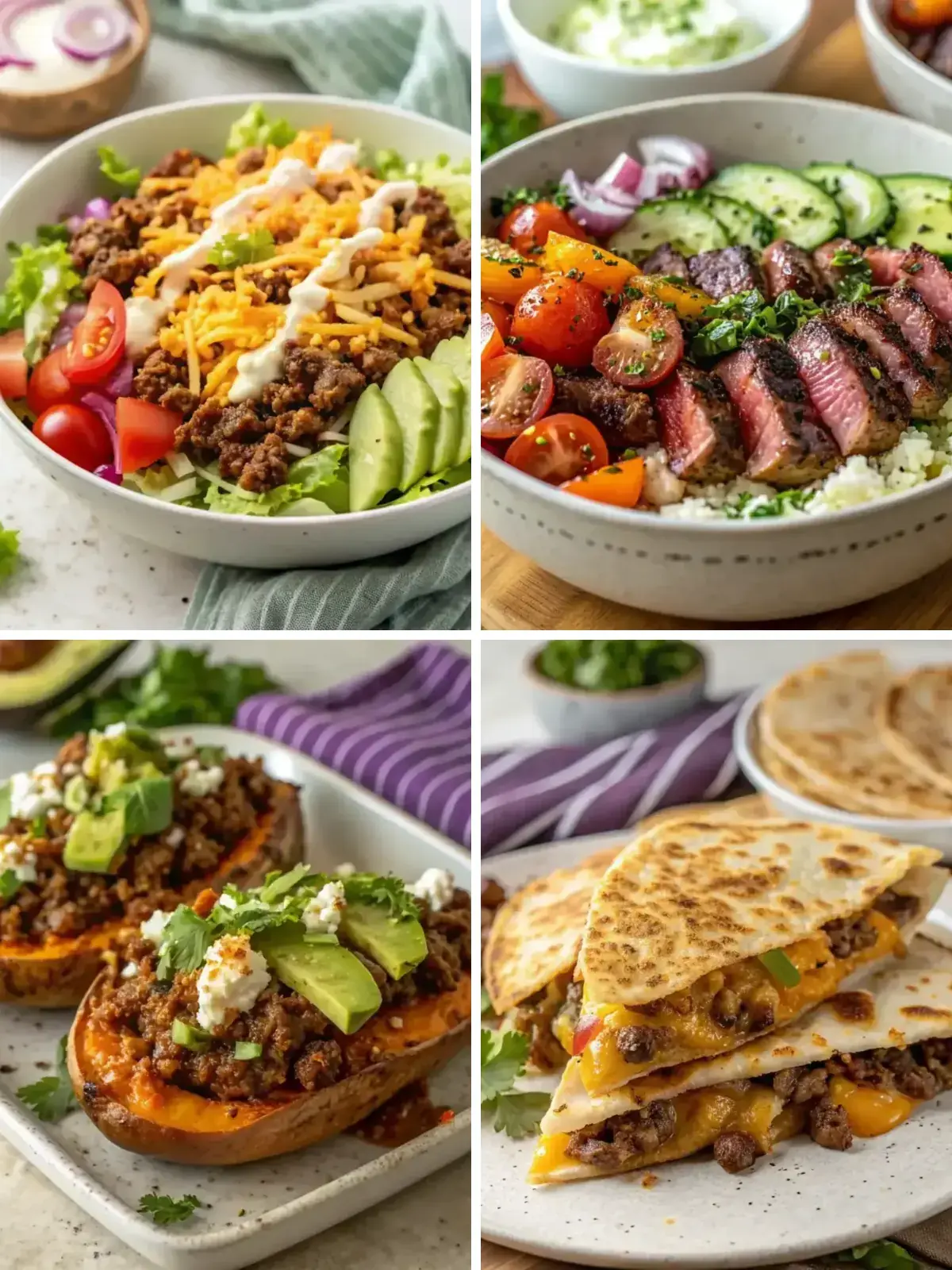 Four high protein beef recipes for busy nights, including cheeseburger bowls and smashburger quesadillas