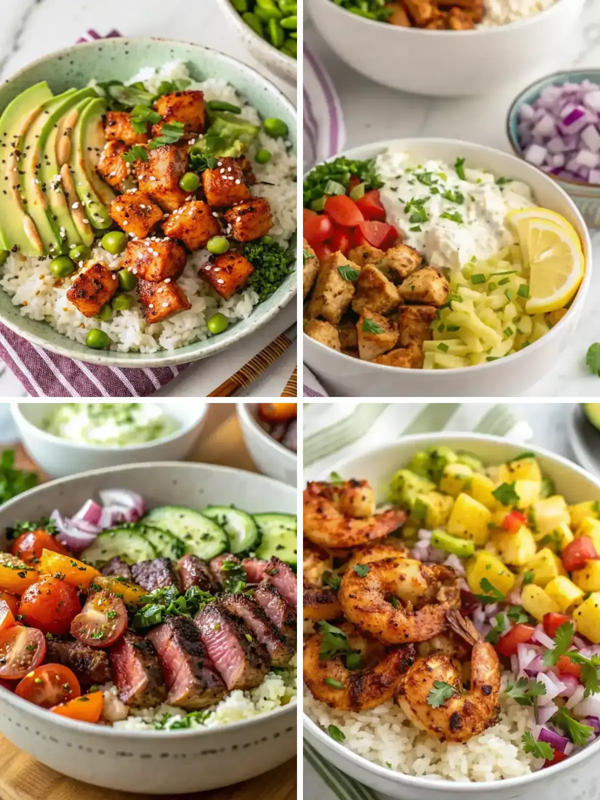 High protein bowl recipes with salmon, chicken gyro, steak and shrimp bowls