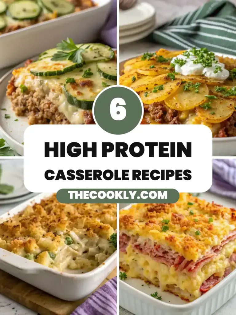 6 high protein casserole recipes: turkey zucchini, loaded beef and potato, chicken stuffing and keto reuben casserole