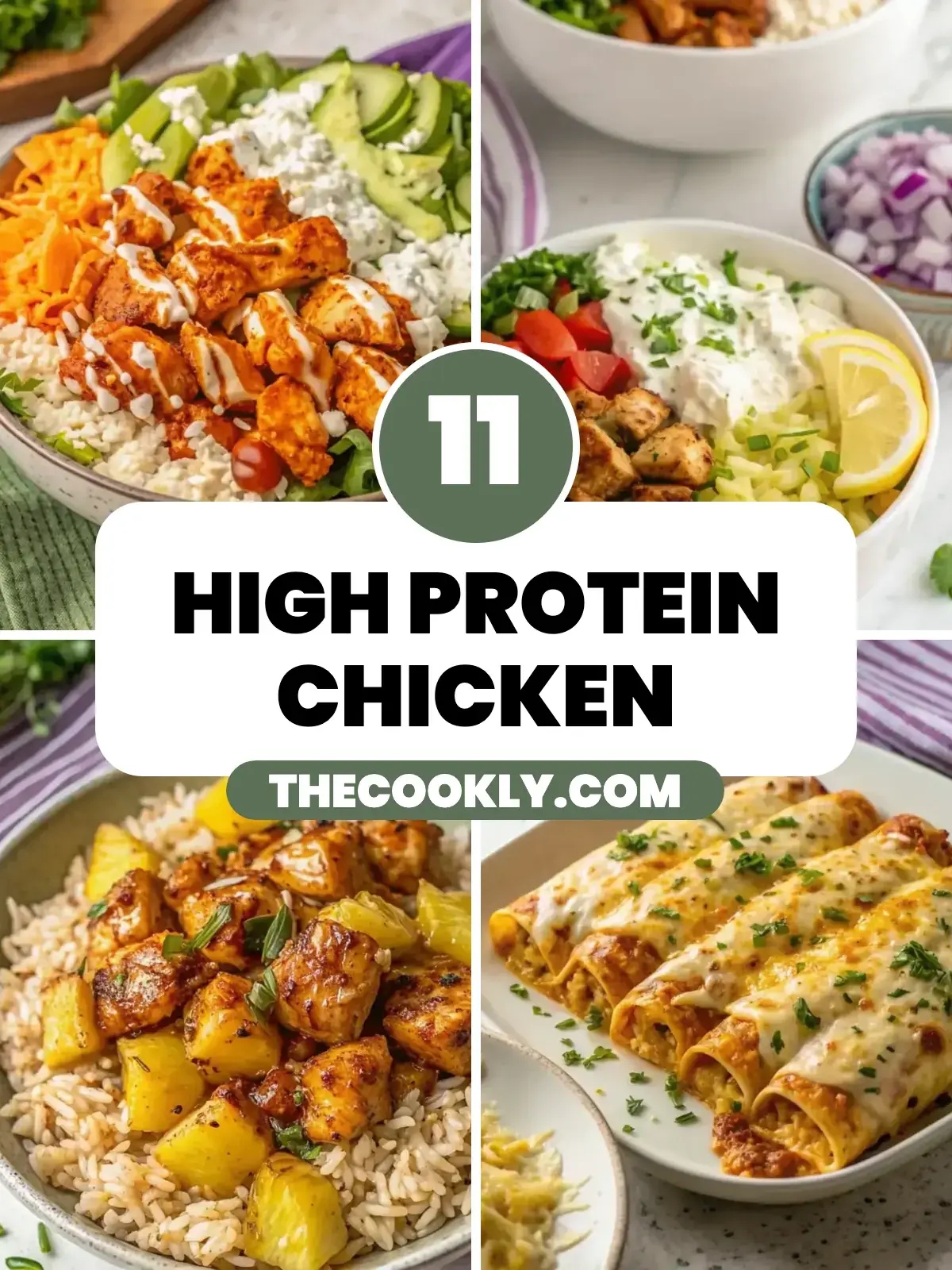 Collage of 11 high protein chicken recipes for easy dinners from thecookly