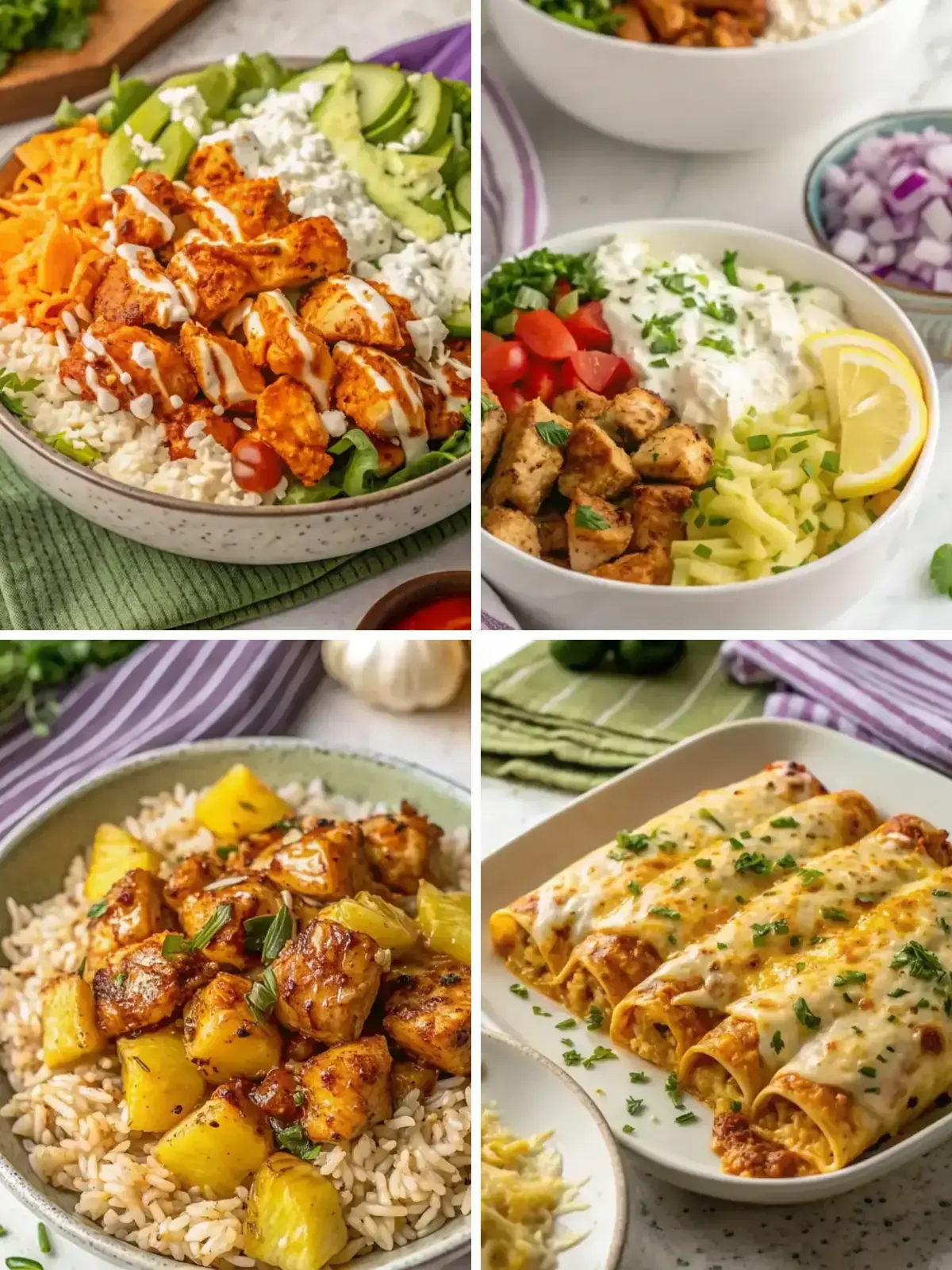 Four high protein chicken recipes for easy dinners, including buffalo chicken bowls and chicken enchiladas