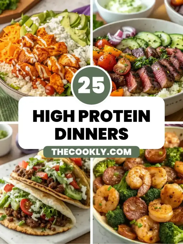 Collage of 25 high protein dinners: buffalo chicken bowl, steak bowl, beef pita pockets and honey garlic shrimp with sausage and broccoli