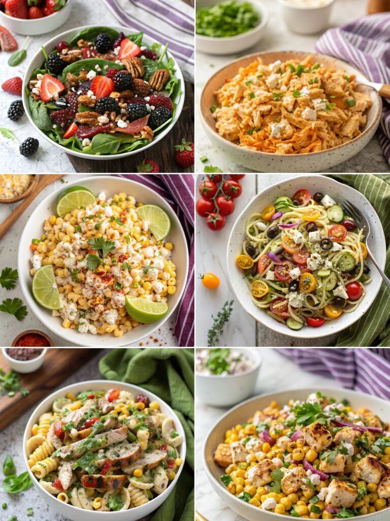 Collage of high protein salad recipes: fresh berry spinach salad delight, high protein buffalo chicken salad, creamy mexican street corn pasta salad, easy italian spaghetti salad, creamy chicken corn pasta salad, high protein chicken street corn salad