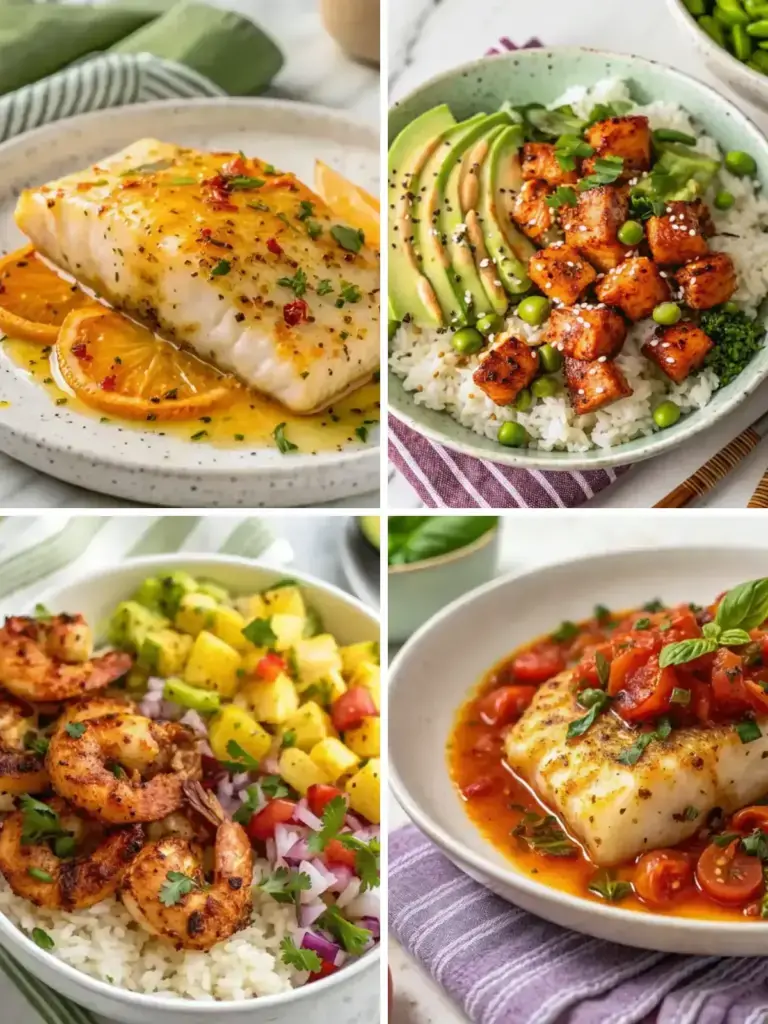 Four high protein seafood recipes for easy dinners, including salmon bowls and shrimp rice bowls