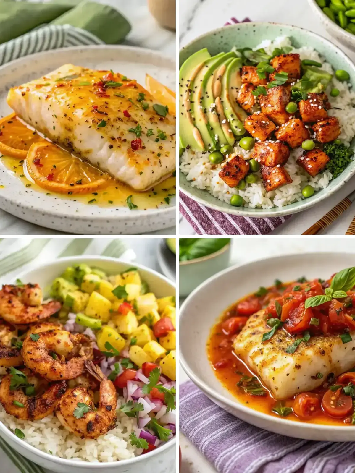 Four high protein seafood recipes for easy dinners, including salmon bowls and shrimp rice bowls
