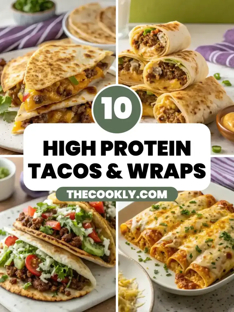 10 high protein tacos and wraps collage with quesadillas, quesarito, pita pockets and enchiladas