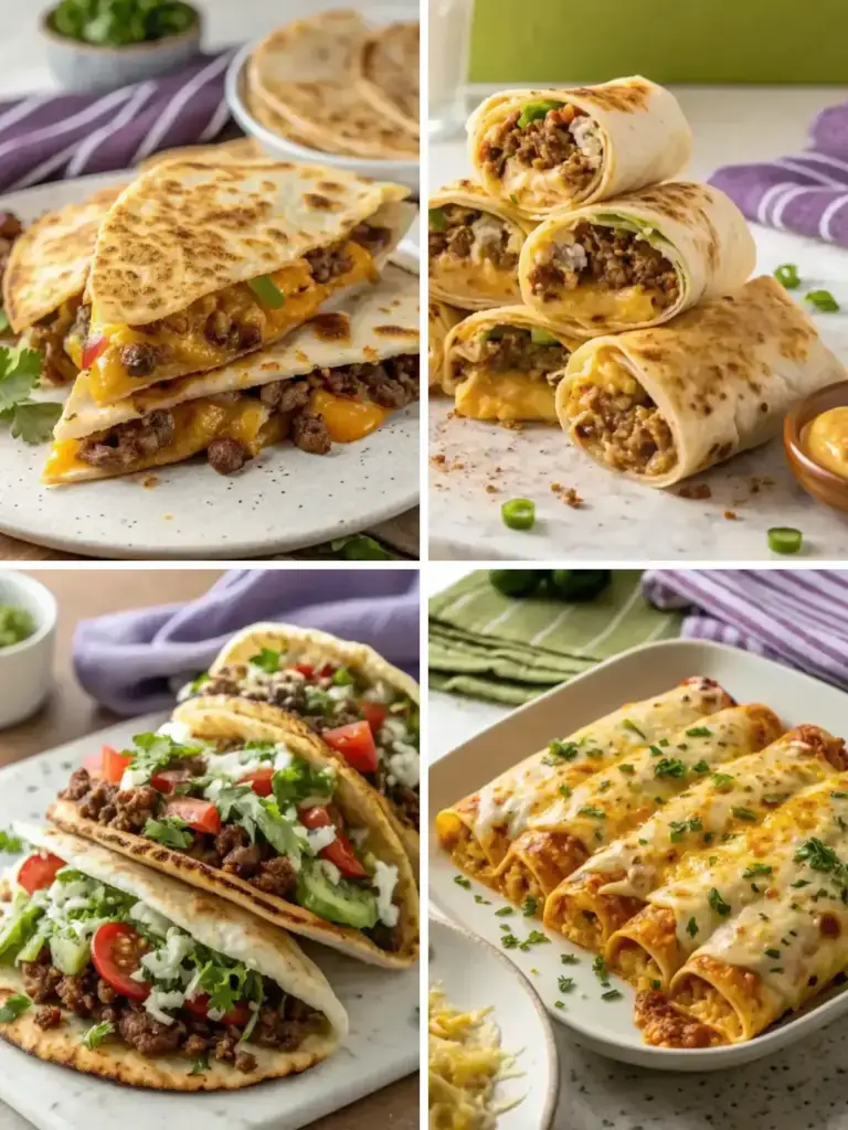 High protein tacos and wraps with quesadillas, quesarito, pita pockets and enchiladas