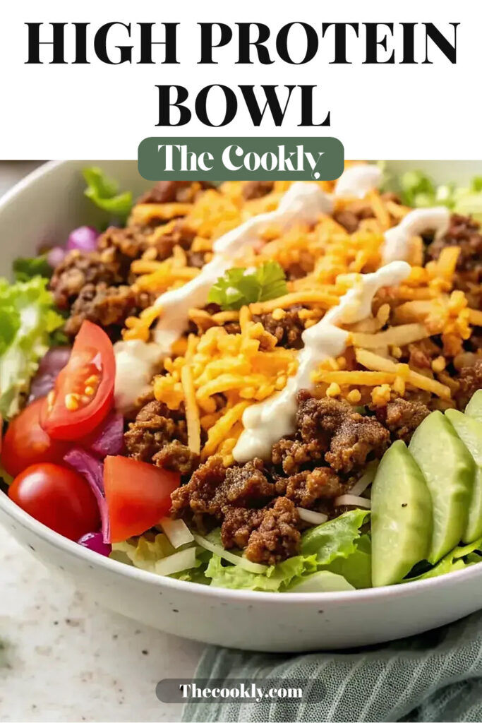 Crispy high protein cheeseburger bowl with fresh toppings