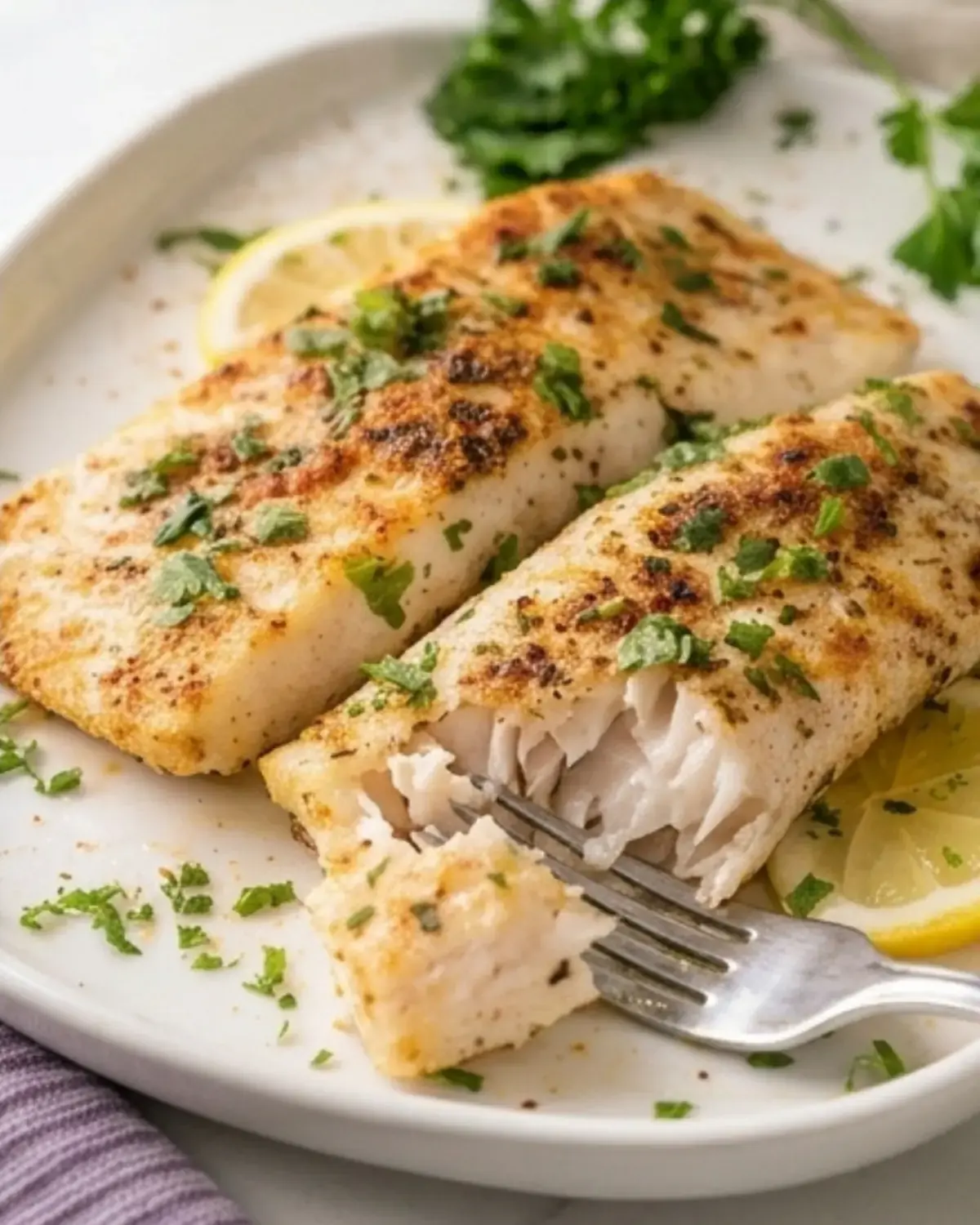 Two baked mahi mahi fillets with parsley and lemon slices, flaked with a fork