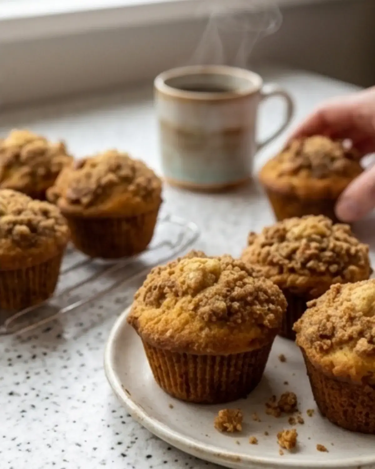 Cinnamon streusel muffins on a cooling rack next to a cup of coffee